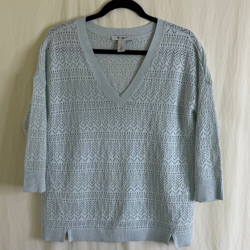 NWOT WHBM Open Knit Glitter/Metallic Thread Sweater Blue Green 3/4 Sleeve Size S
